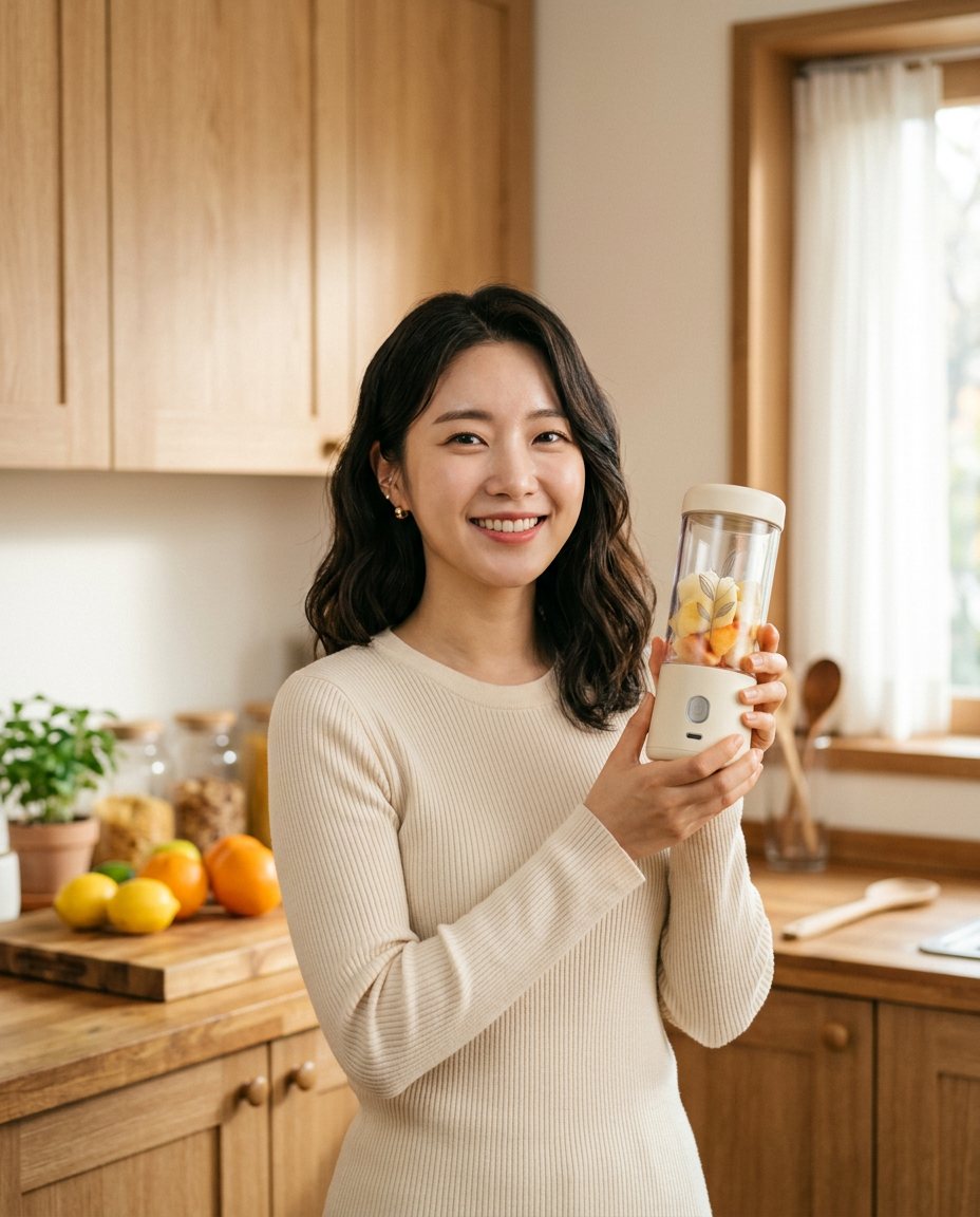 키친 세트에서 블렌더를 소개하는 AI 모델
