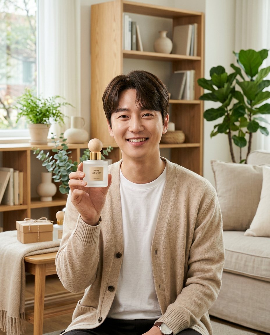리빙 세트에서 디퓨저를 소개하는 AI 모델