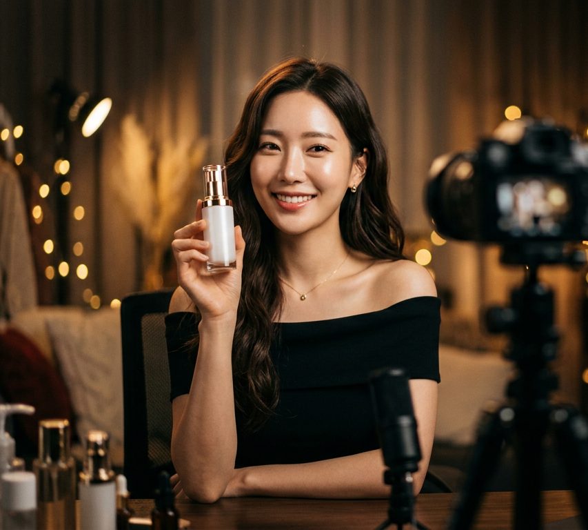 상품을 들고 라이브 방송 중인 셀럽